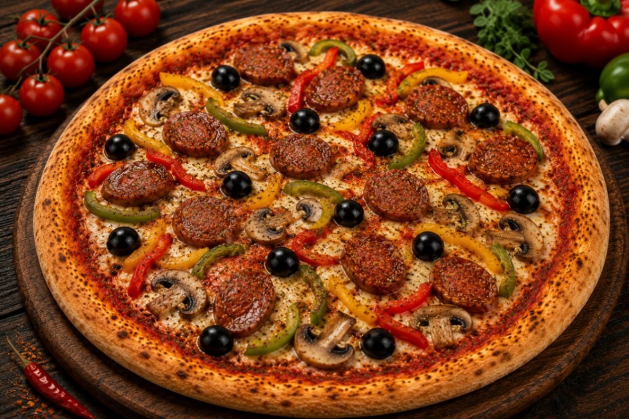 Tropicale — Tomate, fromage, merguez, poivron, champignon, origan, olives